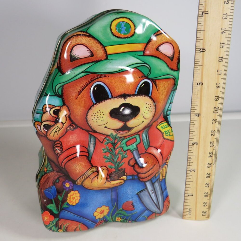 Forest Ranger Teddy Bear Vintage Shaped Metal Tin RUST Inside